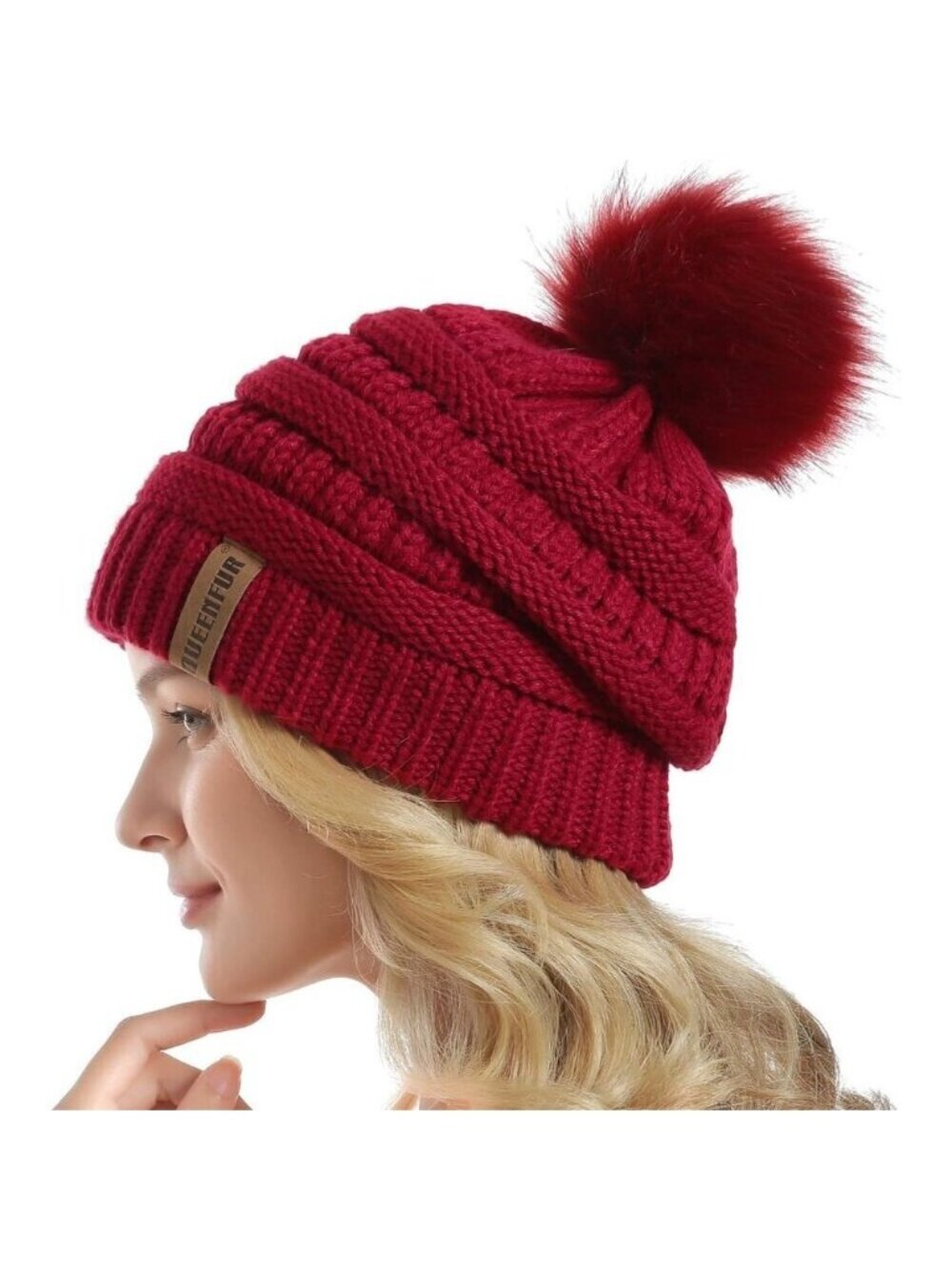 Women Red Soft Acrylic Thick Slouchy Baggy Knit Winter Faux Fur Pompom Beanie